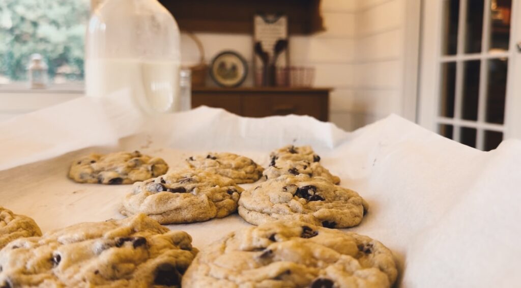 Chocolate chip cookies on parchment paper. Jug of milk in the background.